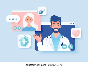 Telemedicine concept vector illustration. Patient consulting doctor using online technology through video call app.