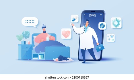 Telemedicine concept vector illustration. Patient visiting doctor using online technology through smartphone app.
