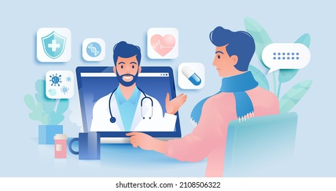 Telemedicine Concept Vector Illustration. Patient Video Calling To See Doctor Using Online Technology Through Laptop Computer.