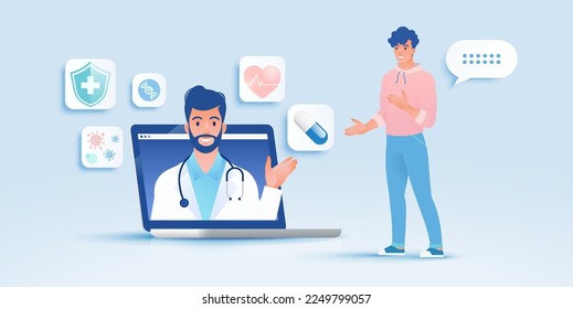 Telemedicine concept vector illustration. Patient video calling to see doctor using online technology through laptop computer.