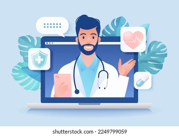 Telemedicine concept vector illustration. Patient video calling to see doctor using online technology through laptop computer.