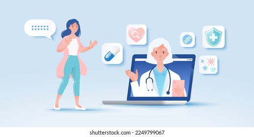 Telemedicine concept vector illustration. Patient video calling to see doctor using online technology through laptop computer.