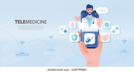 Telemedicine concept vector illustration. Patient video calling to see doctor using online technology through smartphone.