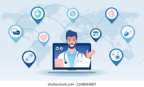 Telemedicine concept vector illustration. Patient consulting doctor using internet online technology through laptop computer around the globe.