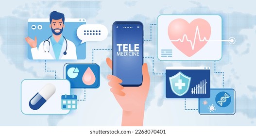 Telemedicine concept vector illustration. Patient consulting doctor using internet online technology through smart devices around the globe.