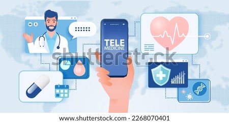 Telemedicine concept vector illustration. Patient consulting doctor using internet online technology through smart devices around the globe.