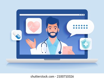 Telemedicine concept vector illustration. Visiting doctor using online technology through laptop computer.