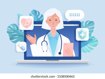 Telemedicine concept vector illustration. Visiting female doctor using online technology through laptop computer.