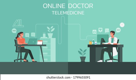 telemedicine concept, woman in the office using laptop connecting doctor, flat vector illustration