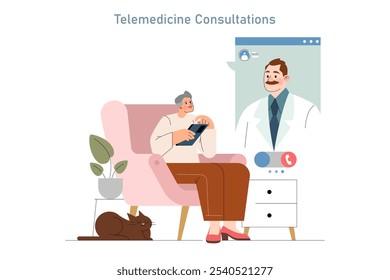 Concepto de Consulta de Telemedicina. Un paciente participa en una cita médica virtual desde su casa con un médico amigable. Ilustración vectorial.