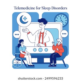 Telemedicine consultation concept for sleep disorders with patients and doctor engaging over a video call at night. Vector illustration.