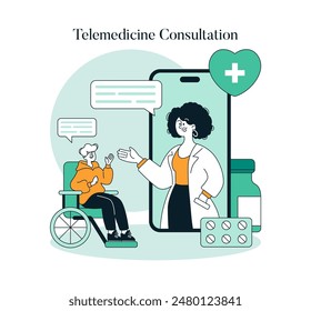 Telemedicine Consultation concept. Virtual doctor engages with patient in wheelchair through mobile app, symbolizing remote healthcare access. Vector illustration.