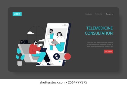 Telemedicine Consultation concept. Virtual healthcare session between patient and doctors through digital devices. Online medical advice and patient support. Vector illustration.