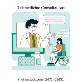 Telemedicine Consultations concept. A doctor provides medical advice to a patient in a wheelchair via virtual technology. Efficient remote healthcare service. Vector illustration.