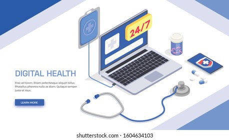 Telemedicine digital health isometric banner background with text learn more button and modern electronic healthcare gadgets vector illustration