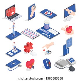 Telemedicine digital health isometric collection of isolated icons and pictograms with pills human hands and computers vector illustration