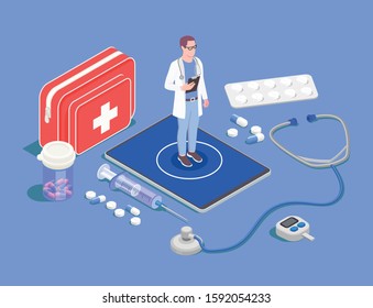 Telemedicine digital health isometric composition with medication images of pills and drugs with character of doctor vector illustration