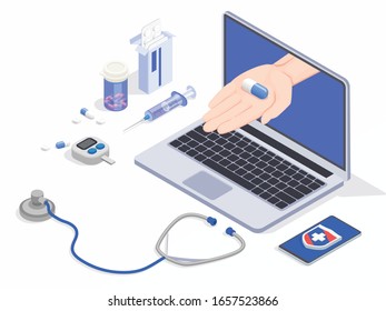 Telemedicine digital health isometric composition with conceptual images of laptop computer and human hand sharing pill vector illustration
