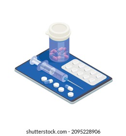 Telemedicine digital health isometric composition with image of tablet with packs of pills and syringe vector illustration