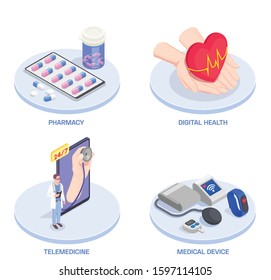 Telemedicine digital health isometric compositions set with four platforms various healthcare objects and editable text captions vector illustration