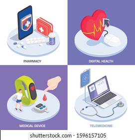 Telemedicine Digital Health Isometric Design Concept With Text And Images Of Wearable Electronic Gadgets With Drugs Vector Illustration