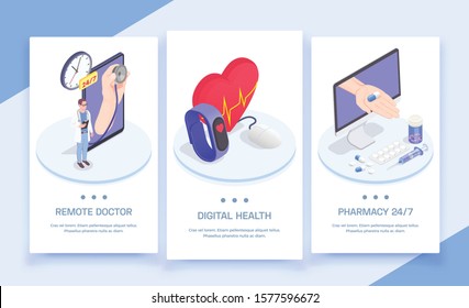 Telemedicine Digital Health Isometric Vertical Banners Set With Conceptual Images Of People Electronics And Editable Text Vector Illustration