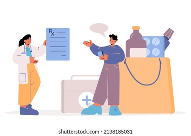 Telemedicine and digital pharmacy concept. Online purchase of medicines flat cartoon vector illustration. Doctor gives to patient RX prescription and he buys pills using mobile phone.