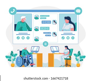 Telemedicine for Disabled Individuals Illustration. Doctor Consulting Handicapped Person Online Cartoon Character. Man in Wheelchair Communicating with Physician via Telehealth Chat