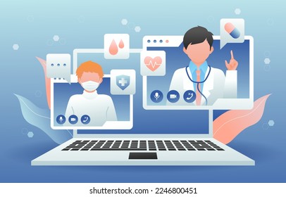 Telemedicine . Doctor is consulting with patient by online internet . Flat design . Vector .