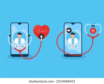 telemedicine, doctor making a video call, cell phone, blue background, stethoscope, checking health, red heart