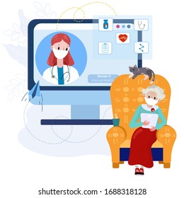 Telemedicine Doctor with Old woman. Virtual doctor meeting with  Senior woman from home for therapy, diagnose, pills. Online consultation with your doctor during pandemic. 