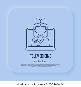 Telemedicine: doctor with stethoscope on screen of laptop. Online consultation. Thin line icon. Non-contact diagnostics. Vector illustration.