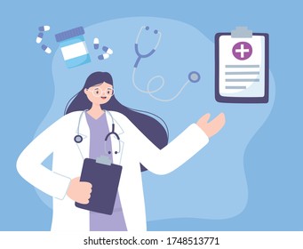 telemedicine, doctor woman in medical gown with stethoscope and medical report vector illustration