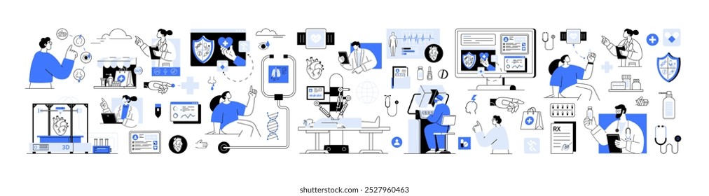 Telemedicine e-health medical technology. Technology in healthcare with professionals using medical equipment. Medical practices technology healthcare innovation medical professionals research labs