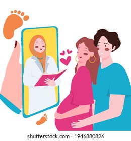 telemedicine ehealth online consultation with female obstetrician use smartphone color flat cartoon style