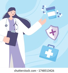 telemedicine, female physician with stethoscope kit first aid and medicine vector illustration