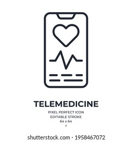 Telemedicine or fitness tracker app editable stroke outline icon isolated on white background flat vector illustration. Pixel perfect. 64 x 64.