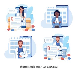 Telemedicine flat concept vector illustration set. Online medical service. Editable 2D cartoon characters on white for web design. Telehealth creative idea for website, mobile, presentation