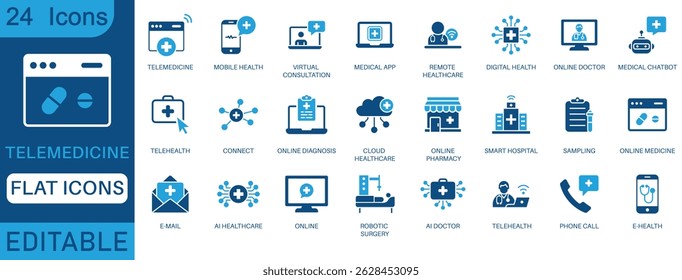 Conjunto de ícones planos de telemedicina. Contendo telessaúde, consulta virtual, médico on-line, assistência médica remota, aplicativo médico, hospital inteligente e muito mais.