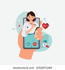 Telemedicine graphic illustrate with kind doctor cartoon character on technology for diagnose and communicate with patient.