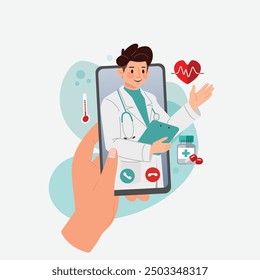 Telemedicine graphic illustrate with kind doctor cartoon character on technology for diagnose and communicate with patient.