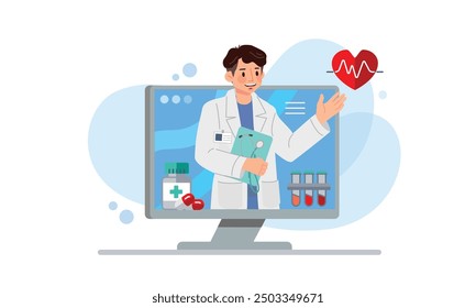 Gráfico de telemedicina ilustra con un personaje de dibujos animados de médicos amables sobre la tecnología para diagnosticar y comunicarse con el paciente.