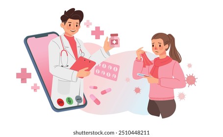 Telemedicine graphic illustrate with kind doctor cartoon character on technology for diagnose and communicate with patient.