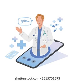 Gráfico de telemedicina ilustra con un personaje de dibujos animados de médicos amables sobre la tecnología para diagnosticar y comunicarse con el paciente.