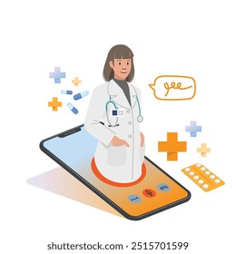 Gráfico de telemedicina ilustra con un personaje de dibujos animados de médicos amables sobre la tecnología para diagnosticar y comunicarse con el paciente.