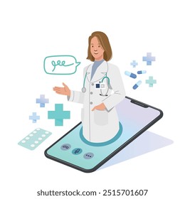 Gráfico de telemedicina ilustra con un personaje de dibujos animados de médicos amables sobre la tecnología para diagnosticar y comunicarse con el paciente.