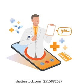 Gráfico de telemedicina ilustra con un personaje de dibujos animados de médicos amables sobre la tecnología para diagnosticar y comunicarse con el paciente.