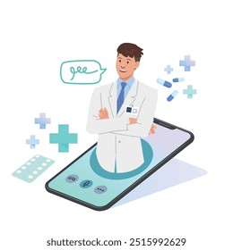 Gráfico de telemedicina ilustra con un personaje de dibujos animados de médicos amables sobre la tecnología para diagnosticar y comunicarse con el paciente.