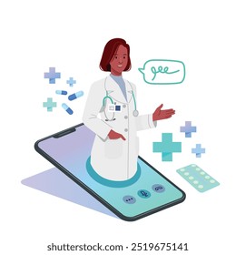 Gráfico de telemedicina ilustra con un personaje de dibujos animados de médicos amables sobre la tecnología para diagnosticar y comunicarse con el paciente.