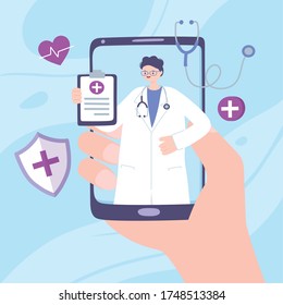 telemedicine, hand with smartphone doctor medical report consult vector illustration